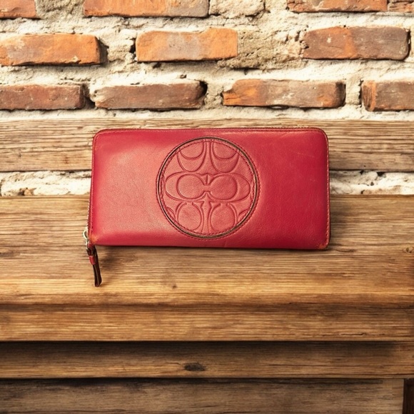 Coach Red  Zip Around Leather Wallet with Embossed Logo - Picture 1 of 10